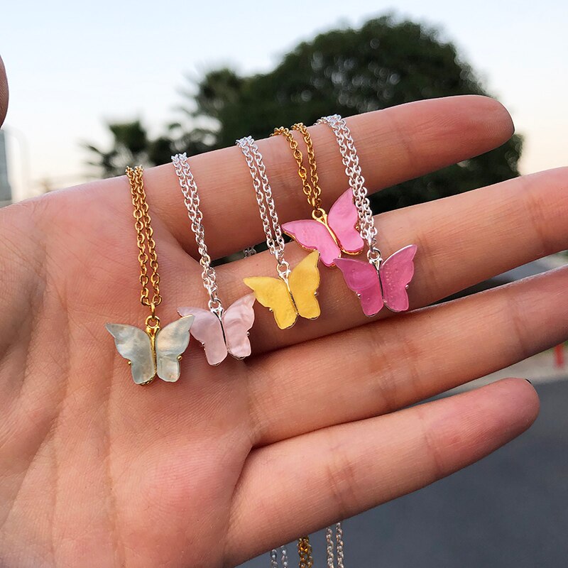 Pink Color Butterfly Pendant Necklace for Women Stainless Steel Clavicle Chain Necklaces 2022 Trend Choker Christmas Jewerly BFF