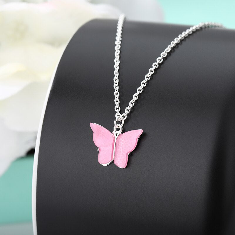 Pink Color Butterfly Pendant Necklace for Women Stainless Steel Clavicle Chain Necklaces 2022 Trend Choker Christmas Jewerly BFF