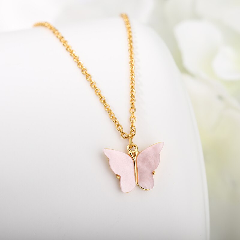 Pink Color Butterfly Pendant Necklace for Women Stainless Steel Clavicle Chain Necklaces 2022 Trend Choker Christmas Jewerly BFF