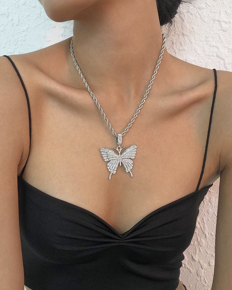 Hip Hop Black Girl Pendant Cut Out Butterfly Rhinestone Necklace Clavicle Chain Trendy Stacked with Shiny Butterfly Necklace Special-Interest Design