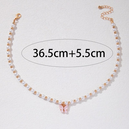 docona Luxury Pearl Stone Choker Necklace for Women's Fashion Geometry Pink Butterfly Pendant Necklace Wedding Jewelry 23223