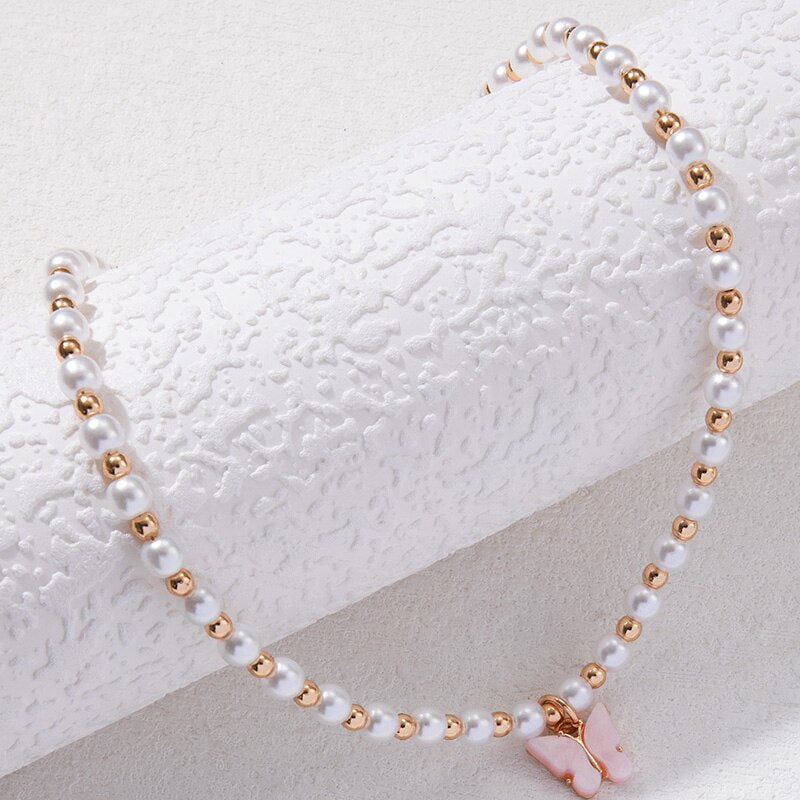 docona Luxury Pearl Stone Choker Necklace for Women's Fashion Geometry Pink Butterfly Pendant Necklace Wedding Jewelry 23223