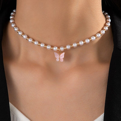 docona Luxury Pearl Stone Choker Necklace for Women's Fashion Geometry Pink Butterfly Pendant Necklace Wedding Jewelry 23223