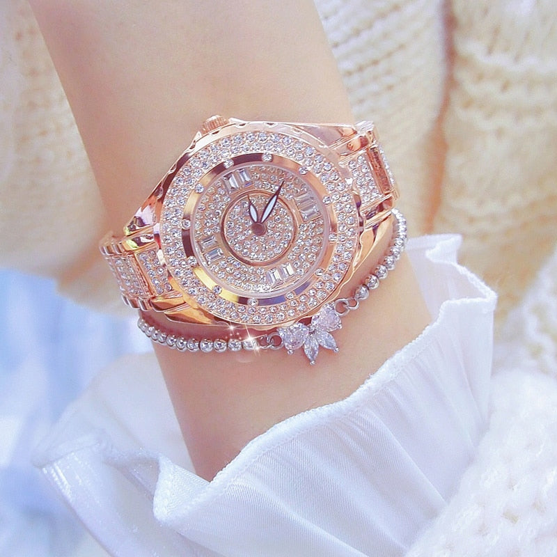 2023 Crystal Diamond Watches For Women Gold Original Elegant Ladies Watch With Bracelet Set Rose Gold Gift For Girlfriend Wife