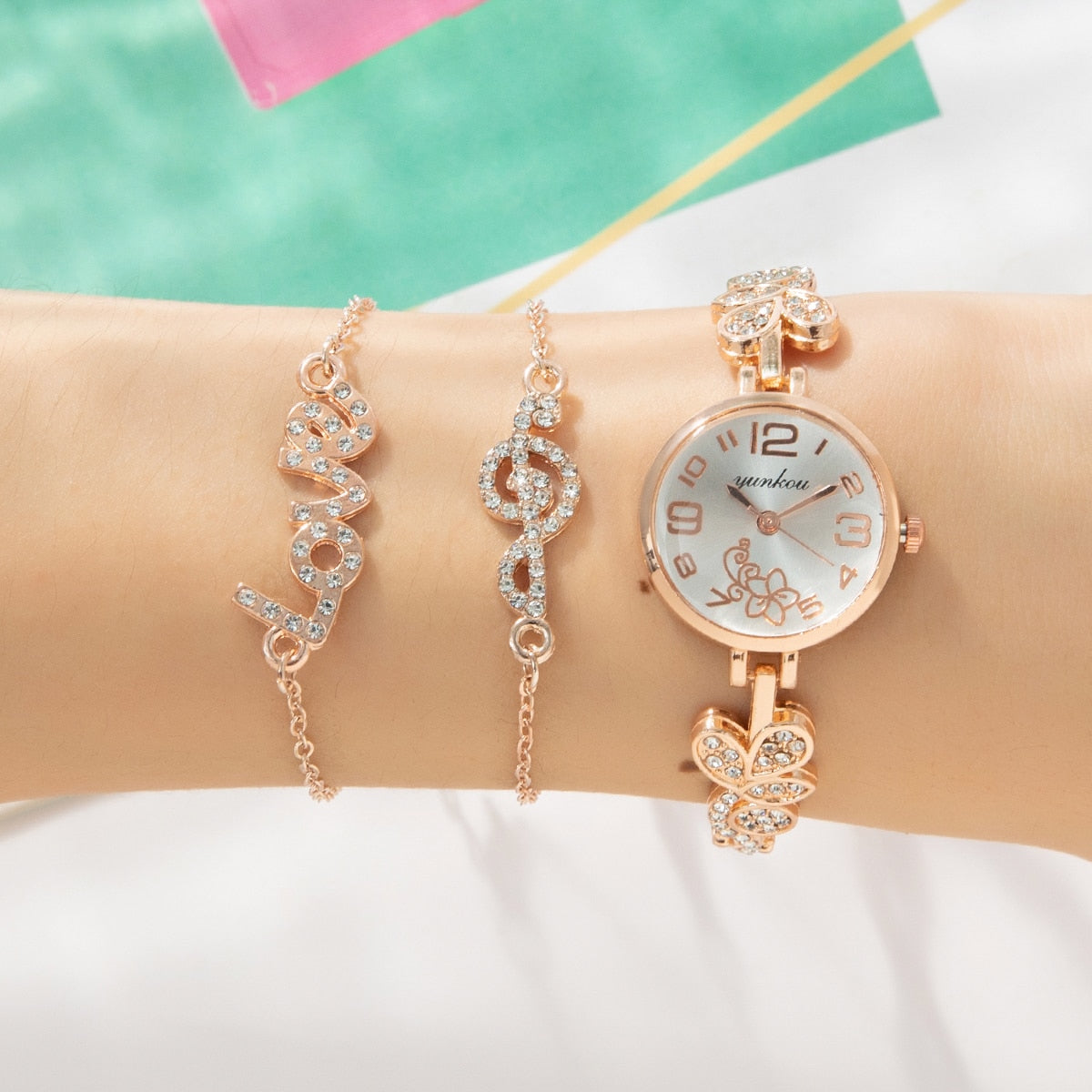 3pcs Jewelry Sets Bracelet Luxury Watches for Women Butterfly LOVE Women's Quartz Wristwatches Diamond Watch  reloj para mujer