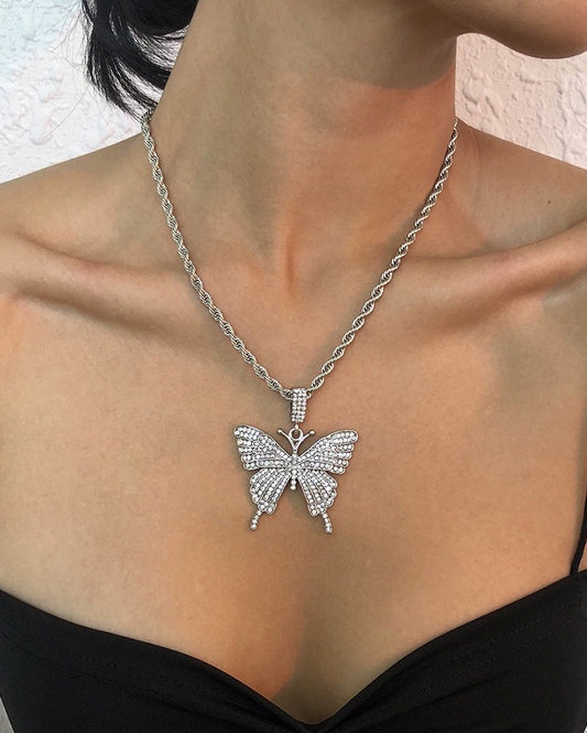 Hip Hop Black Girl Pendant Cut Out Butterfly Rhinestone Necklace Clavicle Chain Trendy Stacked with Shiny Butterfly Necklace Special-Interest Design